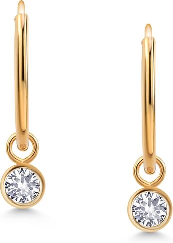 Gem Stone King 14K Yellow Gold White Zirconia Dangle Drop Endless Hoop Huggie Small Earrings For Women (0.50 Cttw, 20MM Length, Gemstone, Round 4MM) in Saudi Arabia