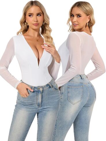SHAPERIN Sexy Deep V Shapewear Tummy Control Body Suit Mesh Long Sleeve Going Out Tops Thong Bodysuit Concert Outfits in Saudi Arabia
