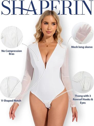SHAPERIN Sexy Deep V Shapewear Tummy Control Body Suit Mesh Long Sleeve Going Out Tops Thong Bodysuit Concert Outfits in Saudi Arabia