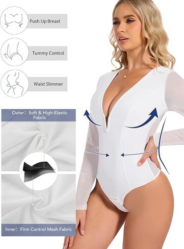 SHAPERIN Sexy Deep V Shapewear Tummy Control Body Suit Mesh Long Sleeve Going Out Tops Thong Bodysuit Concert Outfits in Saudi Arabia