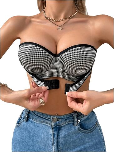 حمالة صدر نسائية من SweatyRocks بدون حمالات ذات إغلاق أمامي منقوشة وحمالات صدر باندو in Saudi Arabia