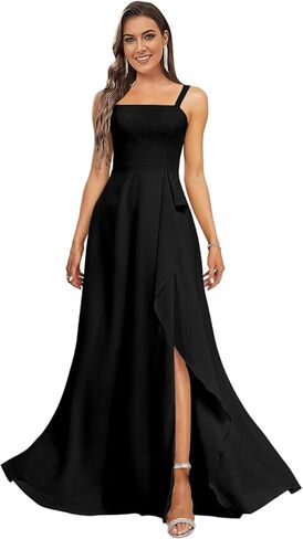 Square Neck Chiffon Bridesmaid Dresses with Ruffle Slit Spaghetti Straps A Line Formal Evening Dress with Pockets in Kuwait