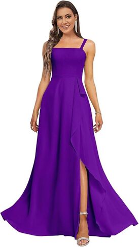 Square Neck Chiffon Bridesmaid Dresses with Ruffle Slit Spaghetti Straps A Line Formal Evening Dress with Pockets in Kuwait