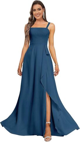 Square Neck Chiffon Bridesmaid Dresses with Ruffle Slit Spaghetti Straps A Line Formal Evening Dress with Pockets in Kuwait