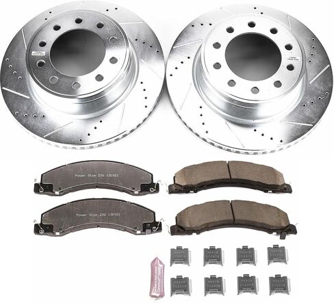 طقم فرامل أمامية Power Stop لـ 2008 2009 2010 Dodge Ram 4500 2008 2009 2010 Dodge Ram 5500 - وسادات فرامل سيراميك من ألياف الكربون للشاحنة والسحب واستبدال الدوارات المحفورة والمشقوقة، K5567-36 in Saudi Arabia