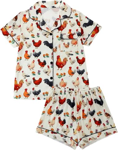 Women's 2 Piece Pajama Set Cute Animal Graphic Button Down Short Sleeve Sleepwear Shorts Pjs Set in Saudi Arabia