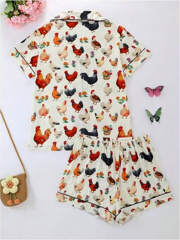 Women's 2 Piece Pajama Set Cute Animal Graphic Button Down Short Sleeve Sleepwear Shorts Pjs Set in Saudi Arabia