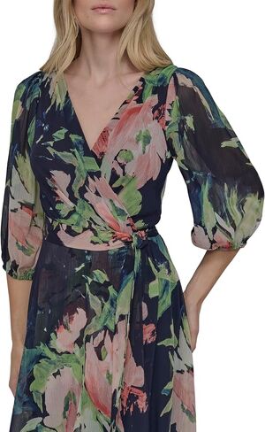 DKNY Women's Balloon Sleeve Faux Wrap Midi Dress in Saudi Arabia