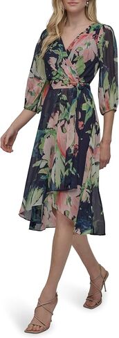 DKNY Women's Balloon Sleeve Faux Wrap Midi Dress in Saudi Arabia