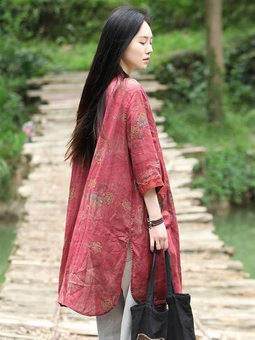 Boho Chic Women's Long Floral Print 3/4 Sleeve Shirt - Lightweight Button Duster Top for Spring & FAL in Saudi Arabia