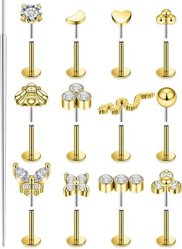 14K الذهب معبأ 20G 18G 16G بدون خيوط أقراط مسطحة الظهر ترصيع الجراحية الفولاذ المقاوم للصدأ واضح تشيكوسلوفاكيا دفع في حلقات الأنف ترصيع الزنمة الحلزون محارة الغضروف أقراط ثقب المجوهرات للنساء الرجال in Kuwait