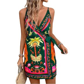 Women's Tropical Print Cami Dress Sleeveless Wrap V Neck Tie Knot Boho Short Dresses in Saudi Arabia