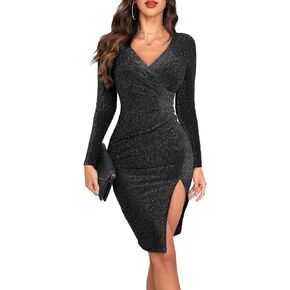 فساتين Oten النسائية سباركلي عميقة على شكل V وأكمام طويلة وفتحة ضيقة وحفلات الكوكتيل والنوادي الليلية والخروج بقصة ضيقة in Kuwait