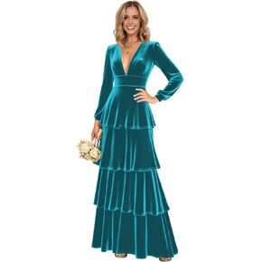 فساتين وصيفة الشرف مخملية بأكمام طويلة 2025 متدرجة على شكل حرف V مشد رسمي فستان طويل للحفلات المسائية in Kuwait