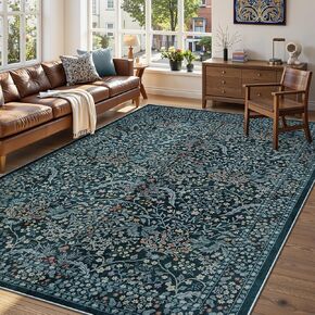 LIVEBOX Dark Green Floral Washable Area Rug 5x7 Rugs for Living Room Bedroom, Vintage Green Forest Floral Rug, Boho Non Slip Low Pile Stain Resistance Throw Carpet for Farmhouse, Dining Room, Office in Kuwait