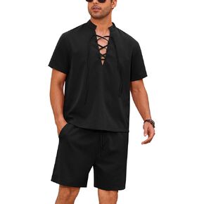 OLEMEK Men's 2 Piece Summer Fashion Short Sleeve Lace-up Neckline Shirt and Shorts Set Beach Tropical Vacation Set in Kuwait