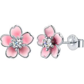 925 Sterling Silver Pink Cherry Blossom Stud Earrings for Women Sakura Cute Flower Hypoallergenic Flatback Earrings For Teenage Friends Jewelry Gifts in Saudi Arabia