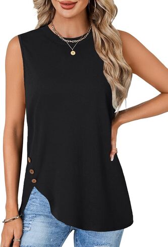 Rooscier Women's Sleeveless Crew Neck Button Slit Asymmetric Hem Casual Tank Top Shirts in Saudi Arabia