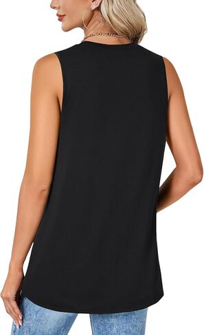 Rooscier Women's Sleeveless Crew Neck Button Slit Asymmetric Hem Casual Tank Top Shirts in Saudi Arabia