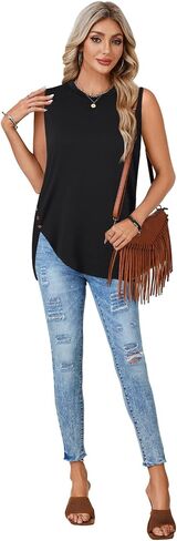Rooscier Women's Sleeveless Crew Neck Button Slit Asymmetric Hem Casual Tank Top Shirts in Saudi Arabia