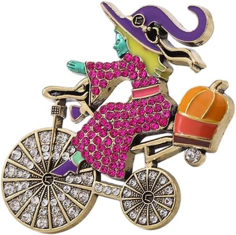 Halloween Witch Riding Bicycle Brooch for Women Men Rhinestone Crystal Brooches Lapel Pins Fall Holiday Festival Hat Bag Suit Dress Accessories Jewelry Party Favors Decorations Supplies in Saudi Arabia