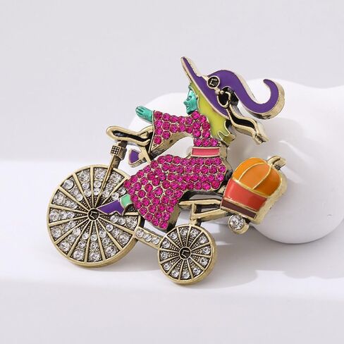 Halloween Witch Riding Bicycle Brooch for Women Men Rhinestone Crystal Brooches Lapel Pins Fall Holiday Festival Hat Bag Suit Dress Accessories Jewelry Party Favors Decorations Supplies in Saudi Arabia