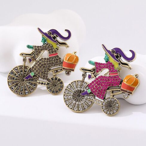 Halloween Witch Riding Bicycle Brooch for Women Men Rhinestone Crystal Brooches Lapel Pins Fall Holiday Festival Hat Bag Suit Dress Accessories Jewelry Party Favors Decorations Supplies in Saudi Arabia