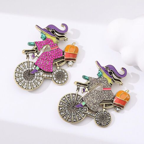 Halloween Witch Riding Bicycle Brooch for Women Men Rhinestone Crystal Brooches Lapel Pins Fall Holiday Festival Hat Bag Suit Dress Accessories Jewelry Party Favors Decorations Supplies in Saudi Arabia