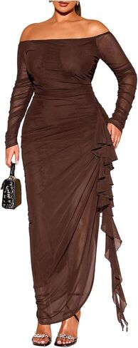 Floerns Women's Plus Size Off Shoulder Dress Mesh Long Sleeve Ruffle Trim Bodycon Maxi Dresses in Saudi Arabia