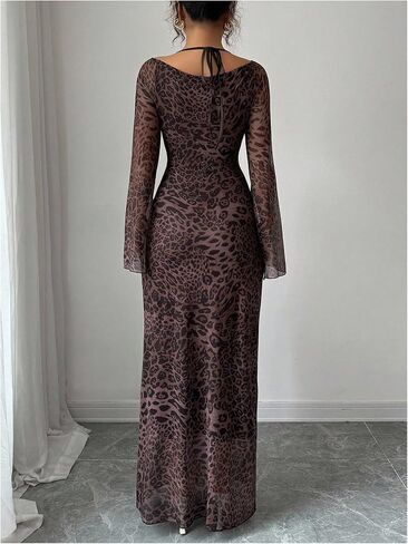 فستان نسائي Y2k ليوبارد Bodycon فستان شبكي الفهد برباط خلفي وأكمام جرس ذيل السمكة فساتين الحفلات الطويلة in Saudi Arabia