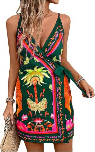 Women's Tropical Print Cami Dress Sleeveless Wrap V Neck Tie Knot Boho Short Dresses in Saudi Arabia