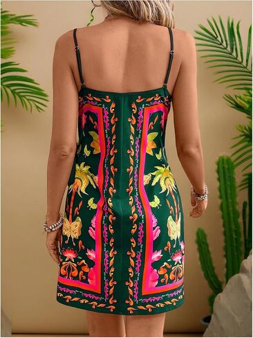 Women's Tropical Print Cami Dress Sleeveless Wrap V Neck Tie Knot Boho Short Dresses in Saudi Arabia