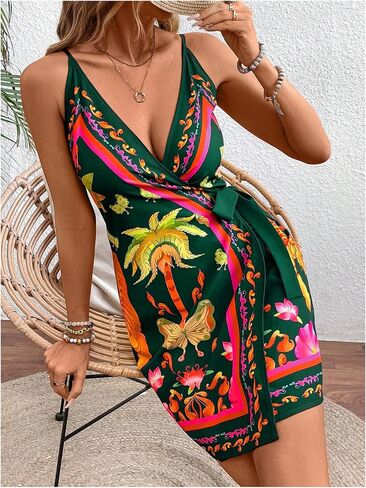 Women's Tropical Print Cami Dress Sleeveless Wrap V Neck Tie Knot Boho Short Dresses in Saudi Arabia