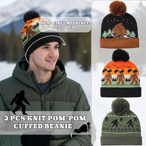 Berlune 3 Pcs Sasquatch Winter Beanie Hat for Men Winter Knit Cuffed Beanie for Men Women Warm Christmas Outdoor Gifts in Saudi Arabia