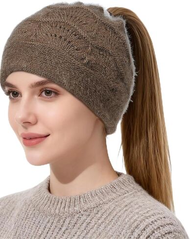 ACECHA Ponytail Beanies for Women - Double Layer Slouchy Knit Cap for Long Hair, Adjustable Winter Beanie, Lightweight & Warm in Kuwait