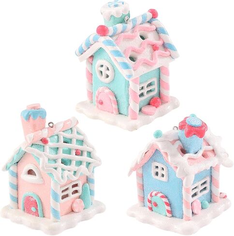 3Pcs Pastel Candy House Christmas Tree Ornaments with Lighted LED, Clay Gingerbread House Hanging Ornaments with Rope for Xmas Tree Holiday Party Home Decoration in Saudi Arabia