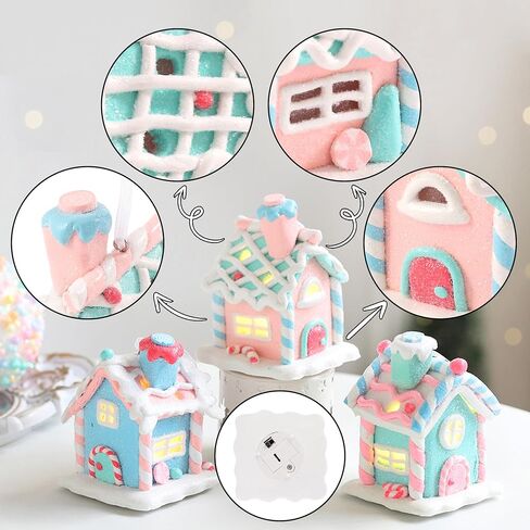 3Pcs Pastel Candy House Christmas Tree Ornaments with Lighted LED, Clay Gingerbread House Hanging Ornaments with Rope for Xmas Tree Holiday Party Home Decoration in Saudi Arabia