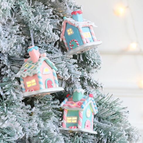 3Pcs Pastel Candy House Christmas Tree Ornaments with Lighted LED, Clay Gingerbread House Hanging Ornaments with Rope for Xmas Tree Holiday Party Home Decoration in Saudi Arabia