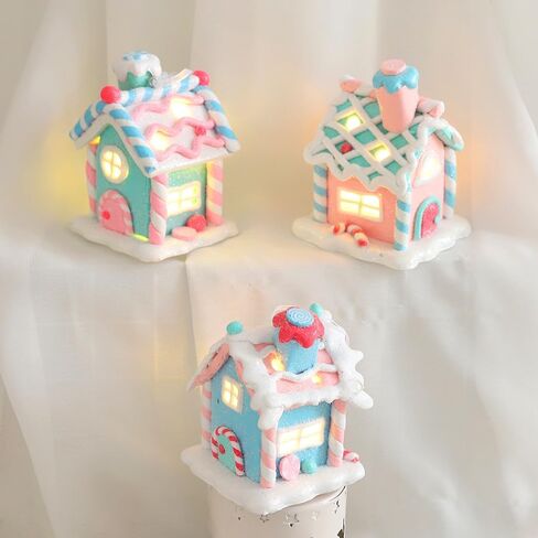 3Pcs Pastel Candy House Christmas Tree Ornaments with Lighted LED, Clay Gingerbread House Hanging Ornaments with Rope for Xmas Tree Holiday Party Home Decoration in Saudi Arabia