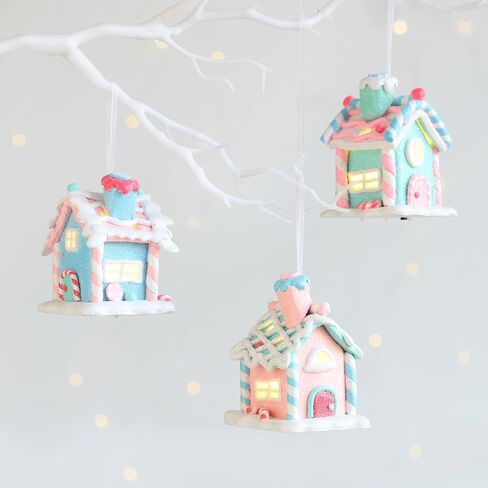 3Pcs Pastel Candy House Christmas Tree Ornaments with Lighted LED, Clay Gingerbread House Hanging Ornaments with Rope for Xmas Tree Holiday Party Home Decoration in Saudi Arabia