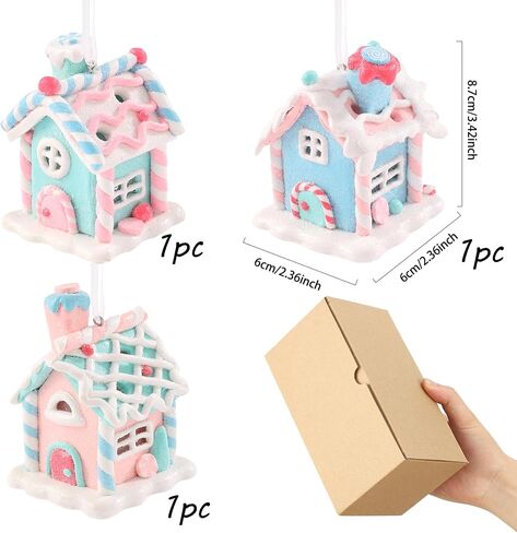 3Pcs Pastel Candy House Christmas Tree Ornaments with Lighted LED, Clay Gingerbread House Hanging Ornaments with Rope for Xmas Tree Holiday Party Home Decoration in Saudi Arabia