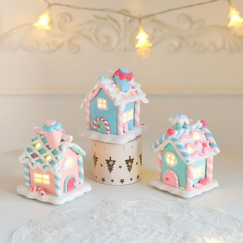 3Pcs Pastel Candy House Christmas Tree Ornaments with Lighted LED, Clay Gingerbread House Hanging Ornaments with Rope for Xmas Tree Holiday Party Home Decoration in Saudi Arabia