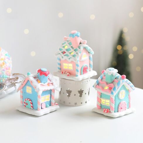 3Pcs Pastel Candy House Christmas Tree Ornaments with Lighted LED, Clay Gingerbread House Hanging Ornaments with Rope for Xmas Tree Holiday Party Home Decoration in Saudi Arabia