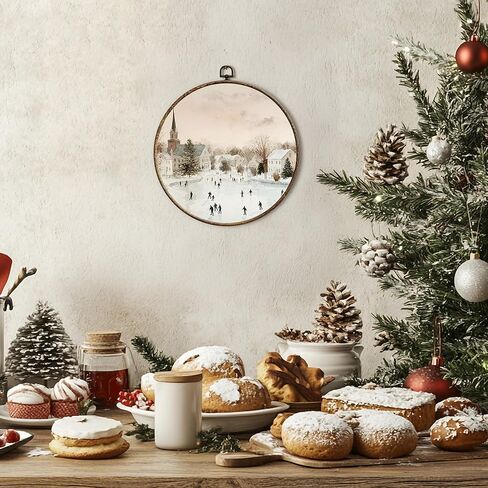 Lengues خمر زخرفة عيد الميلاد جولة جدار الفن، هدايا عيد الميلاد ديكور الحائط، الأزهار الفيكتورية إكليل عيد الميلاد قماش مؤطرة قماش المطبوعات، عطلة الشتاء محايدة شنقا الإطار لديكور الغرفة 10x10 بوصة in Kuwait