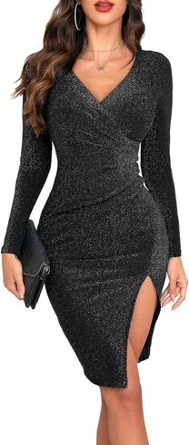 فساتين Oten النسائية سباركلي عميقة على شكل V وأكمام طويلة وفتحة ضيقة وحفلات الكوكتيل والنوادي الليلية والخروج بقصة ضيقة in Kuwait