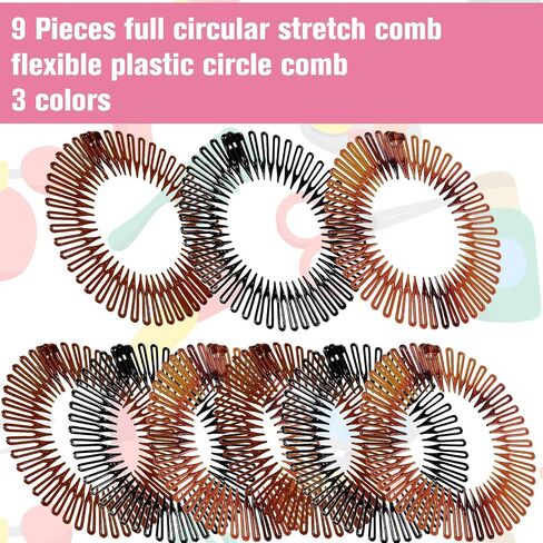 Shappy 9 Pieces Full Circular Stretch Comb Flexible Plastic Circle Comb Stretch Hair Headband Hairband Holder for Women Girls, 3 Colors(Black, Coffee, Tortoise Shell) in Saudi Arabia