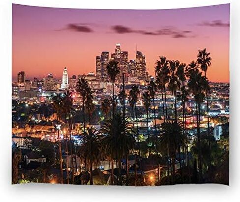 Misscc Home Decor Tapestry, Wall Hangings Beautiful Sunset of Los Angeles Downtown Skyline and Palm Trees Wall Tapestries Bedroom Living Room Dorm in Saudi Arabia