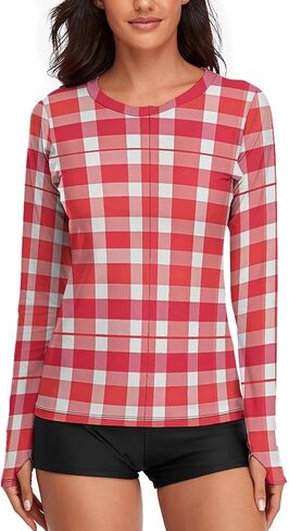 قمصان نسائية بأكمام طويلة ذات مربعات باللونين الأحمر والأبيض للسيدات، قمصان صيفية غير رسمية من الحرير الجليدي للتمرين in Saudi Arabia
