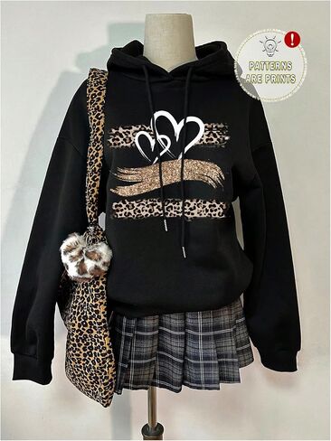SweatyRocks Women's Cute Hoodies Long Sleeve Leopard Heart Graphic Sweatshirt Pullover Tops Fall Outfits in Saudi Arabia