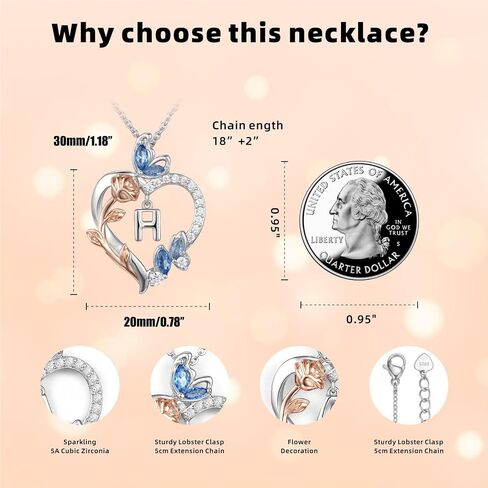 Silver Letter Necklace- Sterling Silver Initial Necklaces for Women- Adjustable Chain with Rose Heart pendant, Ideal Jewelry gift for her, Girlfriend, Wife, Mom on Birthday, Anniversary in Saudi Arabia